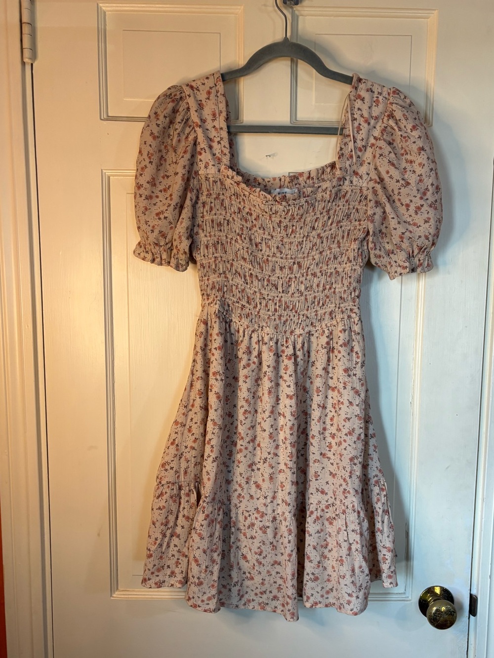 Floral Tan Puff Sleeve Mini Dress Womens Size S Cottagecore Summer Sundress Boho